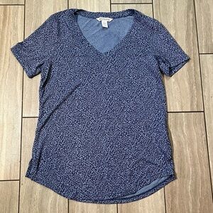 Athleta Breezy Scoop V Neck Tee T Shirt Blue Leopard Print Modal Small P